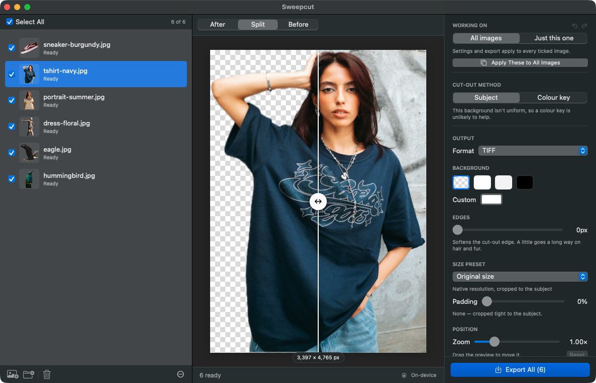 Sweepcut on macOS with six photos in the sidebar, each marked Ready, and the selected T-shirt photo in Split view: cut out on the left, the original on the right