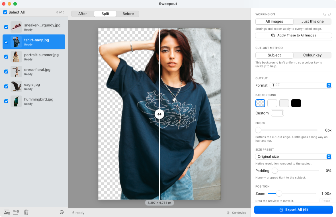 Sweepcut on macOS with six photos in the sidebar, each marked Ready, and the selected T-shirt photo in Split view: cut out on the left, the original on the right