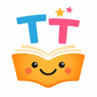 A cartoon logo on a white background: blue and pink letters above a smiling orange book